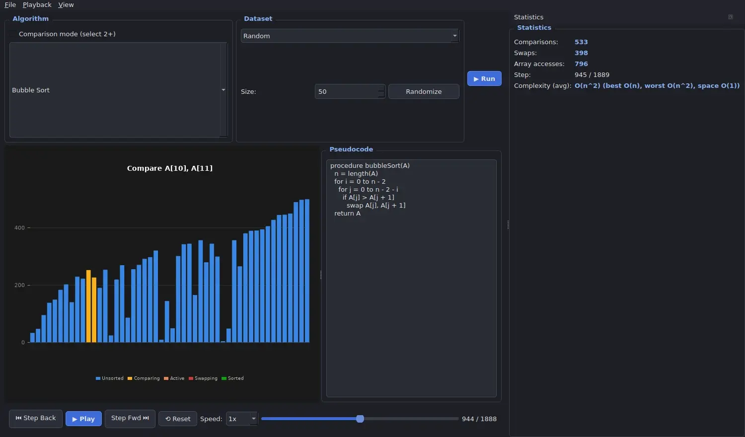 AlgoVision Studio running Bubble Sort with the pseudocode panel and live statistics.